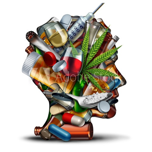Głowa ludzka, na której są strzykawki z igłami, kieliszki z napojami alkoholowymi, krzak marihuanowy, tabletki, butelki z alkoholem, łyżeczka z białym proszkiem.