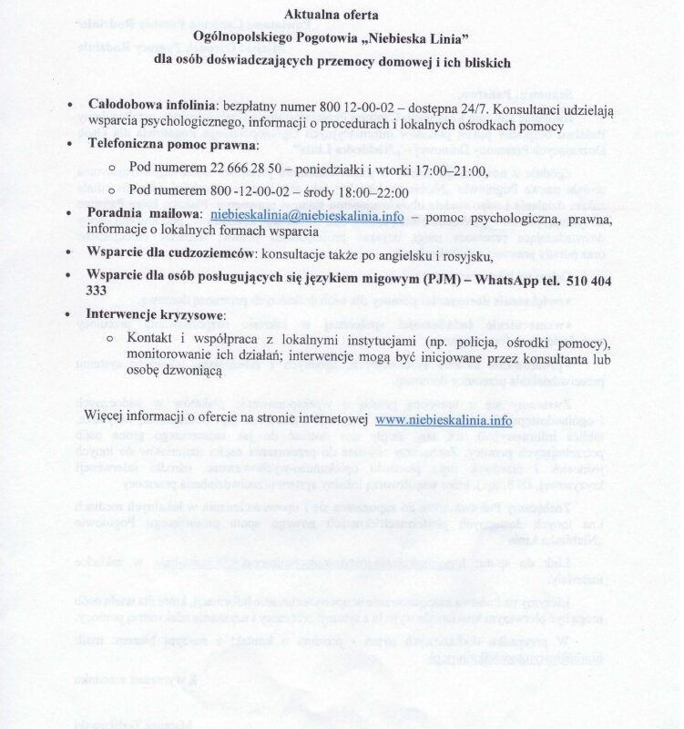 Oferta Ogólnopolskiego Pogotowia „Niebieska Linia”
